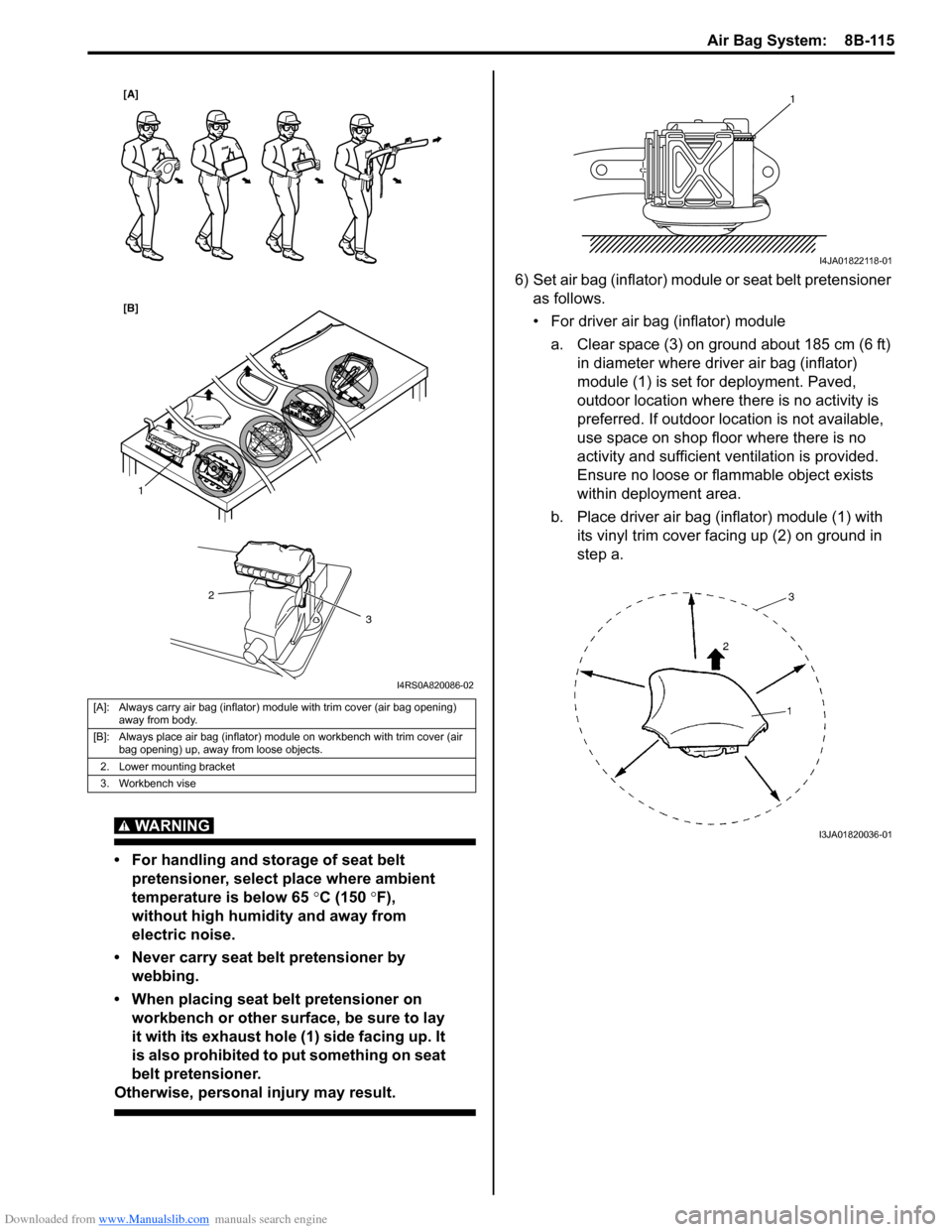 SUZUKI SWIFT 2006 2.G Service Service Manual Downloaded from www.Manualslib.com manuals search engine Air Bag System:  8B-115
WARNING! 
• For handling and storage of seat belt pretensioner, select place where ambient 
temperature is below 65  