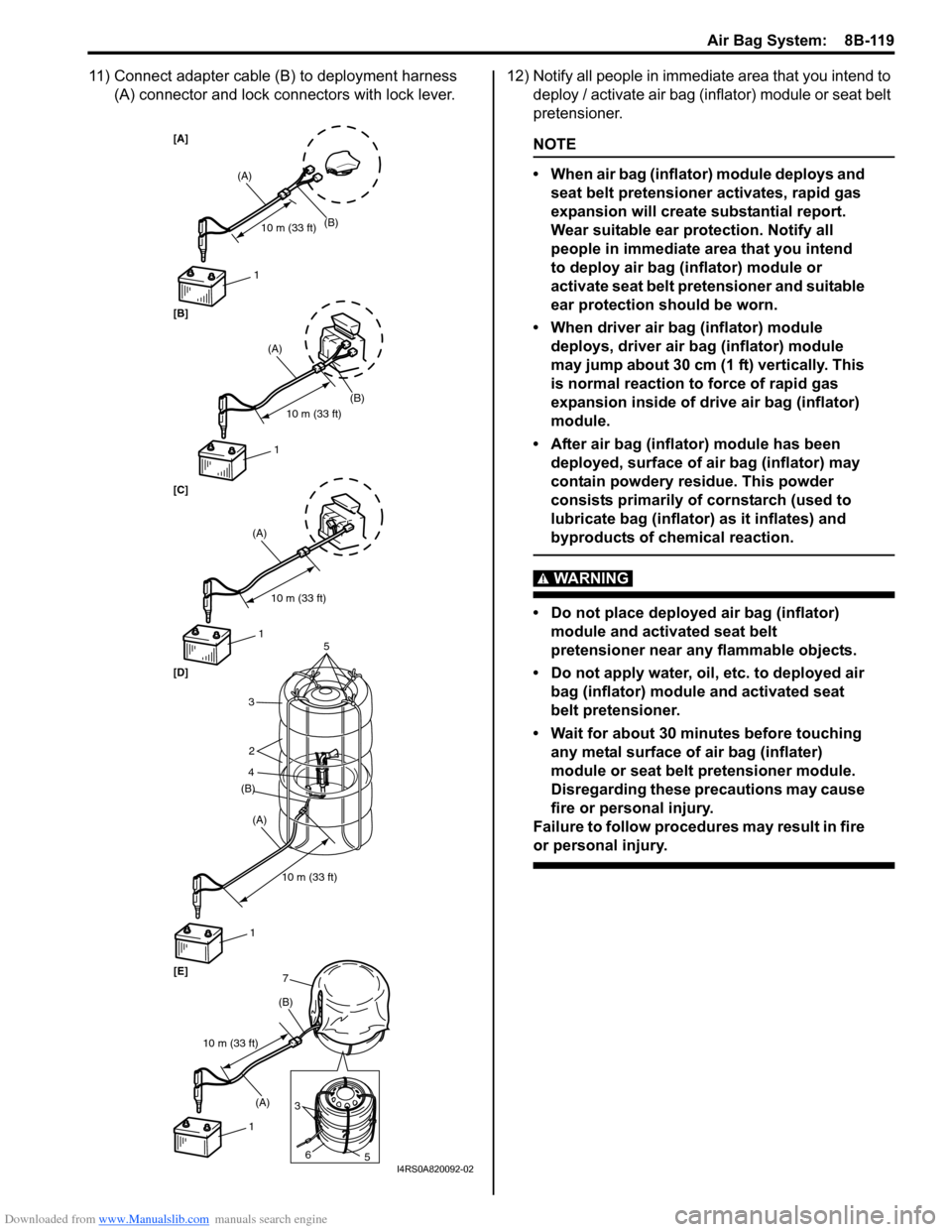 SUZUKI SWIFT 2006 2.G Service Service Manual Downloaded from www.Manualslib.com manuals search engine Air Bag System:  8B-119
11) Connect adapter cable (B) to deployment harness (A) connector and lock connectors with lock lever. 12) Notify all p