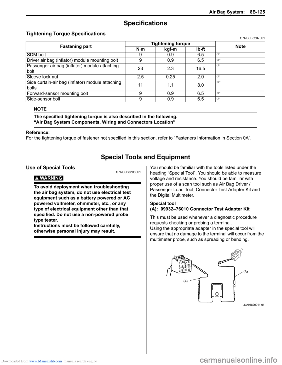 SUZUKI SWIFT 2006 2.G Service User Guide Downloaded from www.Manualslib.com manuals search engine Air Bag System:  8B-125
Specifications
Tightening Torque SpecificationsS7RS0B8207001
NOTE
The specified tightening torque is also described in 