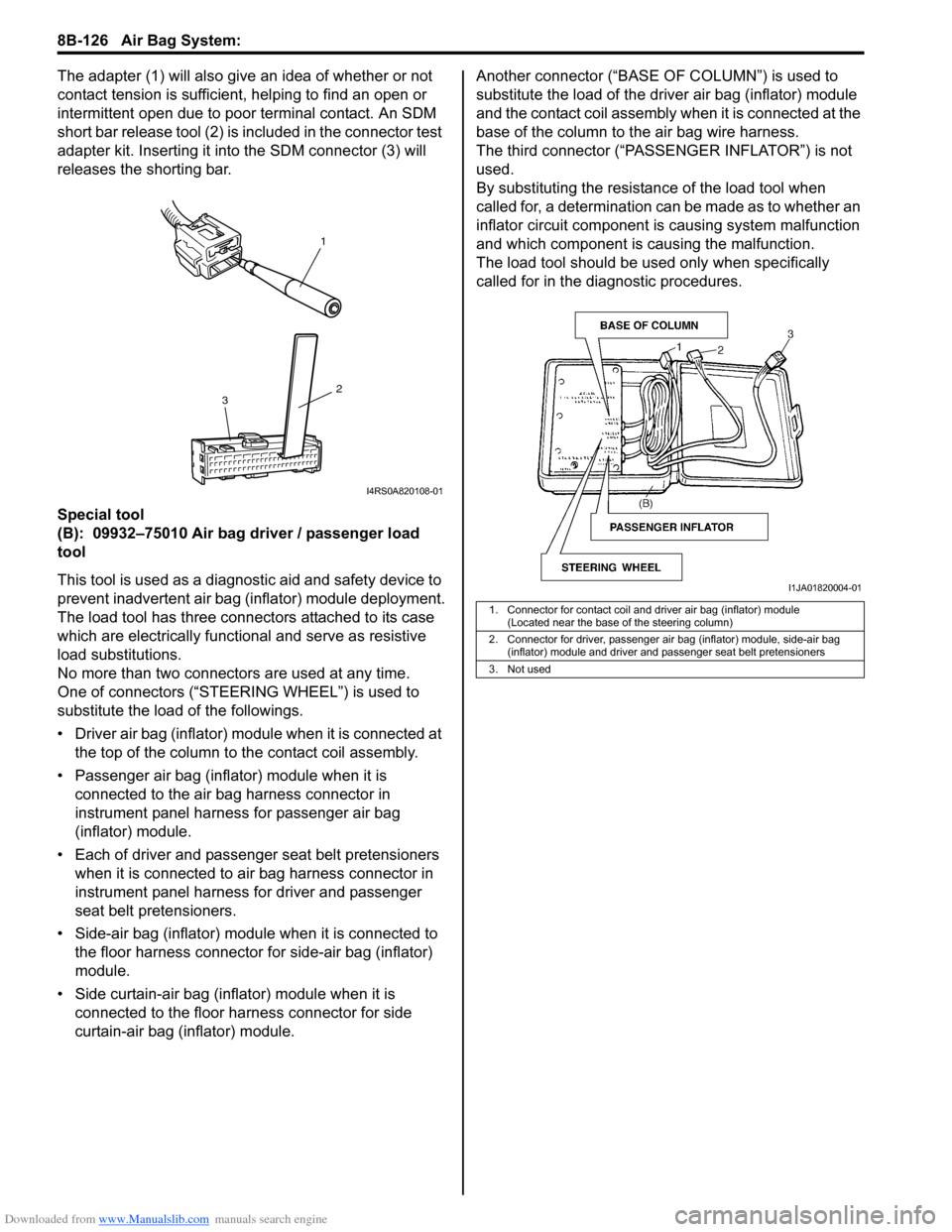 SUZUKI SWIFT 2006 2.G Service Workshop Manual Downloaded from www.Manualslib.com manuals search engine 8B-126 Air Bag System: 
The adapter (1) will also give an idea of whether or not 
contact tension is sufficient, helping to find an open or 
in