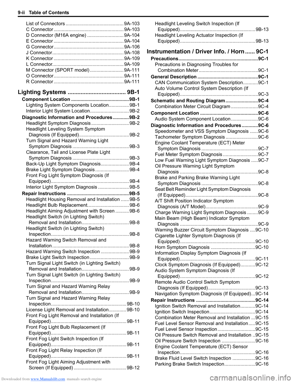 SUZUKI SWIFT 2004 2.G Service Workshop Manual Downloaded from www.Manualslib.com manuals search engine 9-ii Table of Contents
List of Connectors ........................................... 9A-103
C Connector ......................................