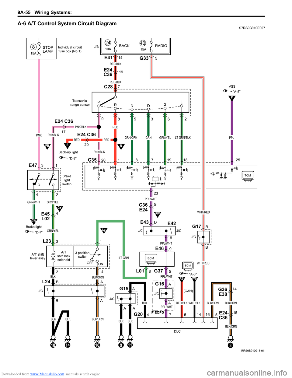 SUZUKI SWIFT 2007 2.G Service User Guide Downloaded from www.Manualslib.com manuals search engine 9A-55 Wiring Systems: 
A-6 A/T Control System Circuit DiagramS7RS0B910E007
GRN/YEL
Brakelight
switch
E47
GRN/YEL
C3520  8 7 19 18
9
85 3 6 2
GR