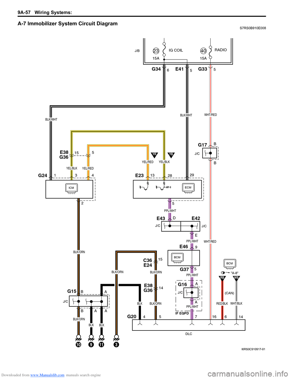 SUZUKI SWIFT 2007 2.G Service User Guide Downloaded from www.Manualslib.com manuals search engine 9A-57 Wiring Systems: 
A-7 Immobilizer System Circuit DiagramS7RS0B910E008
ECMICM
DLC
G204
10
J/C
G15
5
5
7
113
IG COIL
G346
J/B
29
15A
23
BLK/