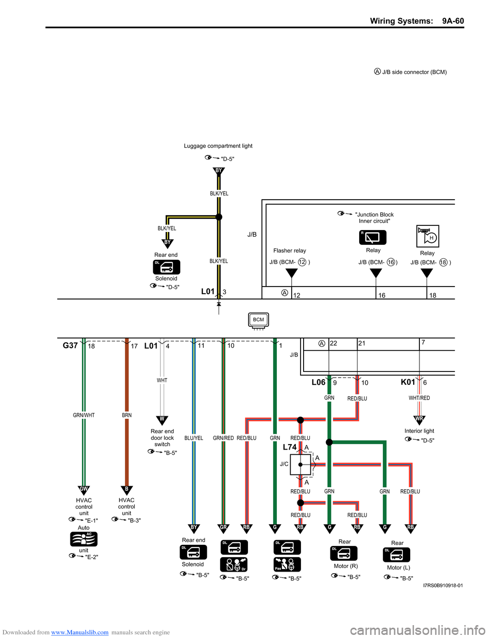 SUZUKI SWIFT 2008 2.G Service User Guide Downloaded from www.Manualslib.com manuals search engine Wiring Systems:  9A-60
1817
GRN/WHTBRN
"E-1"
"E-2"
HVAC
control unit
Auto
unit
G37
Flasher relay Relay
Relay
H
12
"Junction Block
Inner circuit