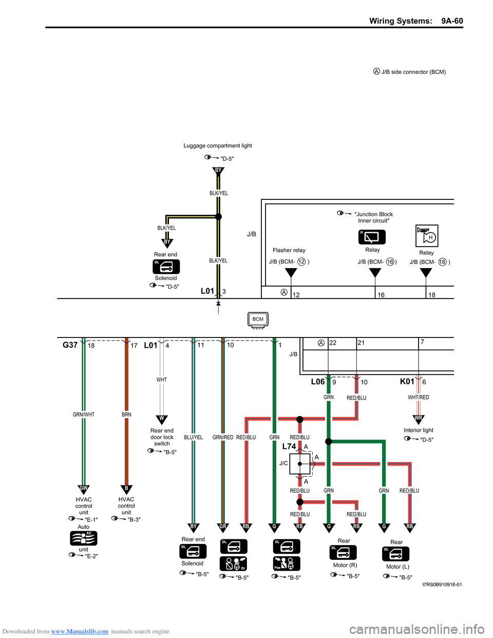 SUZUKI SWIFT 2006 2.G Service Workshop Manual Downloaded from www.Manualslib.com manuals search engine Wiring Systems:  9A-60
1817
GRN/WHTBRN
"E-1"
"E-2"
HVAC
control unit
Auto
unit
G37
Flasher relay Relay
Relay
H
12
"Junction Block
Inner circuit