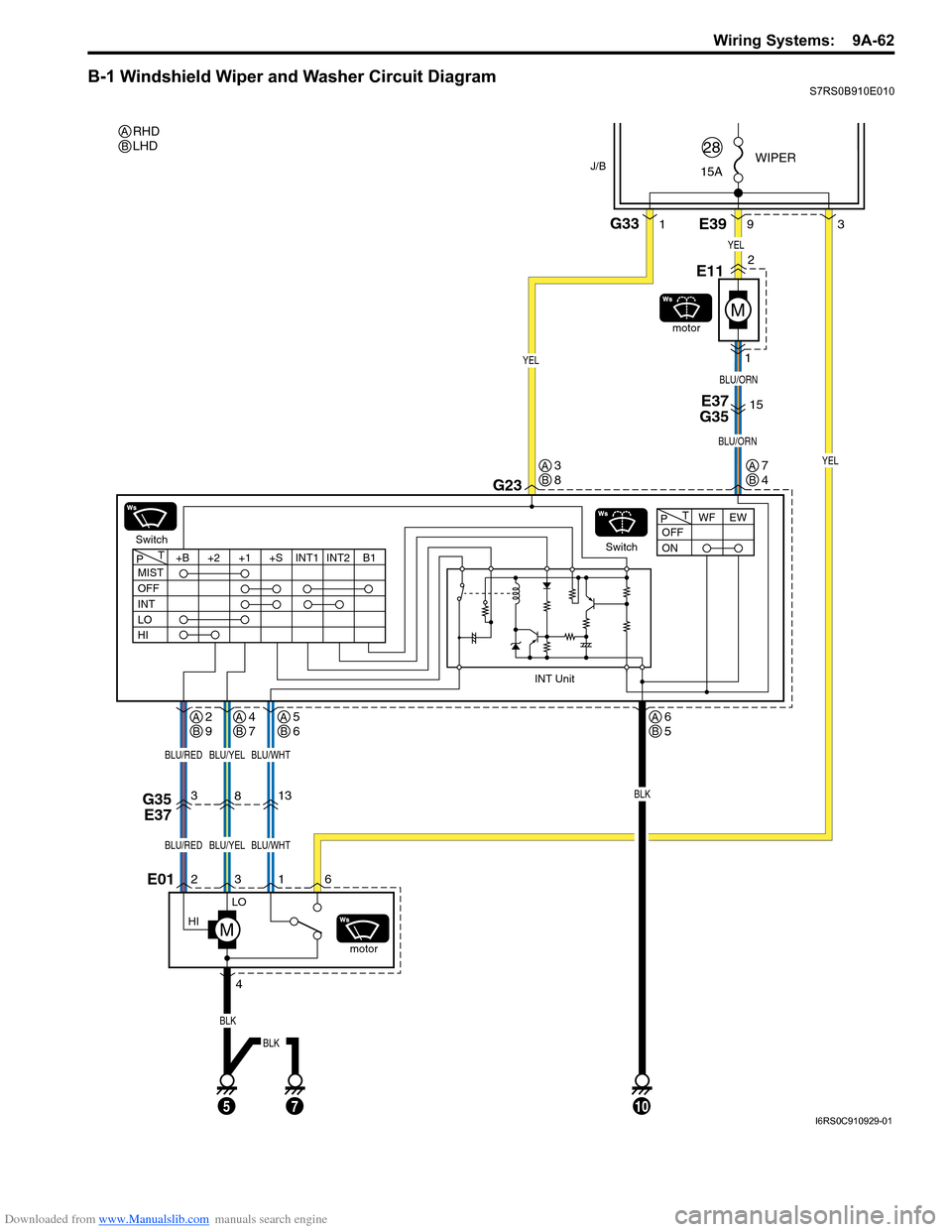 SUZUKI SWIFT 2008 2.G Service Workshop Manual Downloaded from www.Manualslib.com manuals search engine Wiring Systems:  9A-62
B-1 Windshield Wiper and Washer Circuit DiagramS7RS0B910E010
J/B
LO
HI
E013
46
BLK
E393
9
G23
8
Switch motor
motor
1
13
