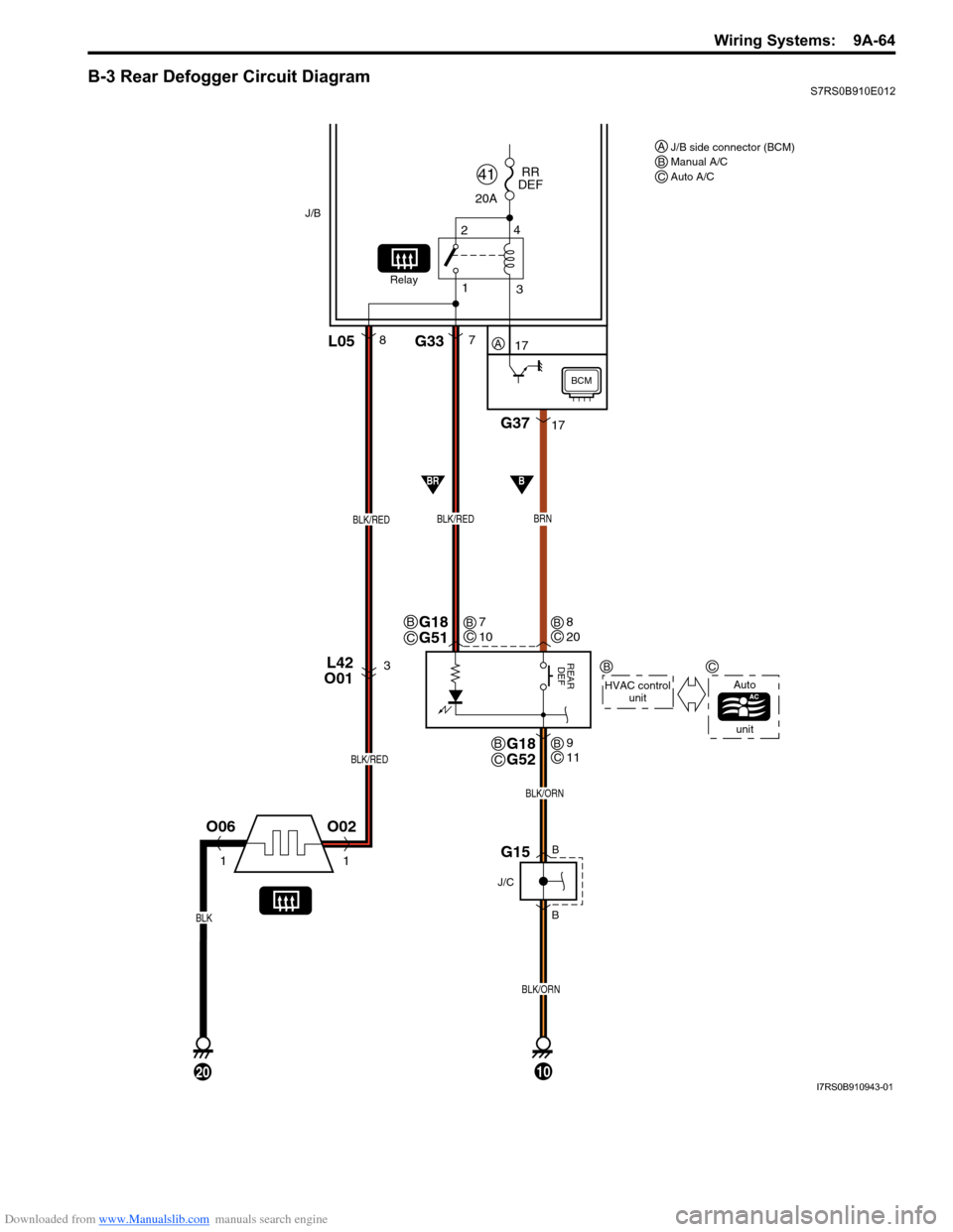 SUZUKI SWIFT 2005 2.G Service Manual Online Downloaded from www.Manualslib.com manuals search engine Wiring Systems:  9A-64
B-3 Rear Defogger Circuit DiagramS7RS0B910E012
L42 
O013
BLK/RED
O02
1
O06
1
20
1
2
4
3
20A RR
DEF
41
Relay
17
BRN
G3717