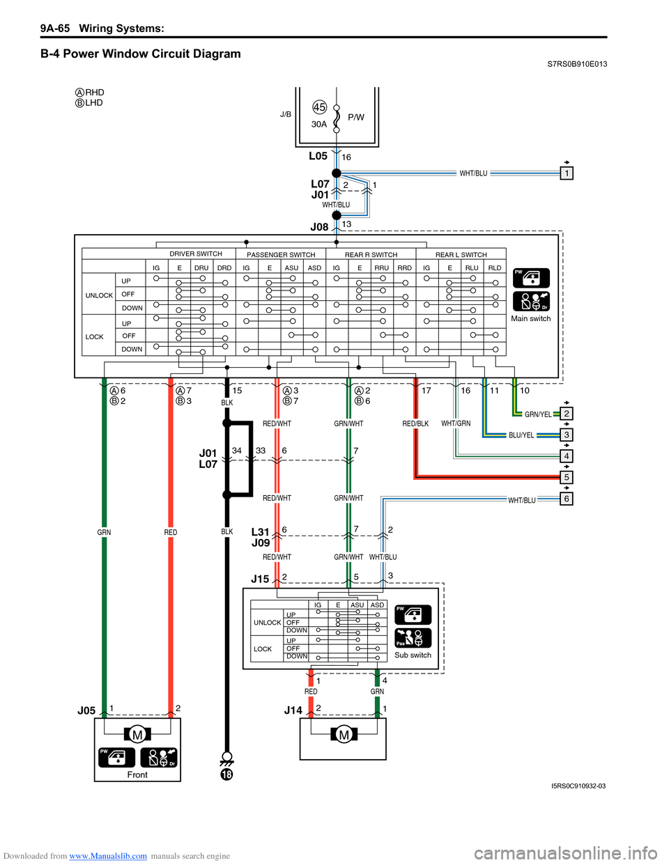 SUZUKI SWIFT 2008 2.G Service Workshop Manual Downloaded from www.Manualslib.com manuals search engine 9A-65 Wiring Systems: 
B-4 Power Window Circuit DiagramS7RS0B910E013
12
J15
L31J09
J01
L076
6
34
7
2
7
16
235
1011
1716
1
4
30A
P/W
45
Sub swit