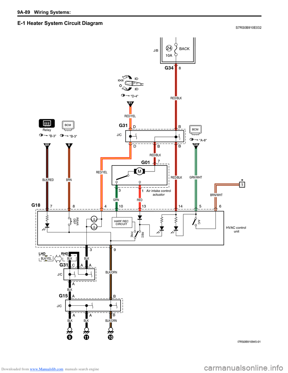 SUZUKI SWIFT 2008 2.G Service Repair Manual Downloaded from www.Manualslib.com manuals search engine 9A-89 Wiring Systems: 
E-1 Heater System Circuit DiagramS7RS0B910E032
BRN/WHT
GRN/WHT
10ABACK
24
M
BLK/RED
Relay
BLK/ORN
BLK/ORN
G15
J/C
G01
Ai