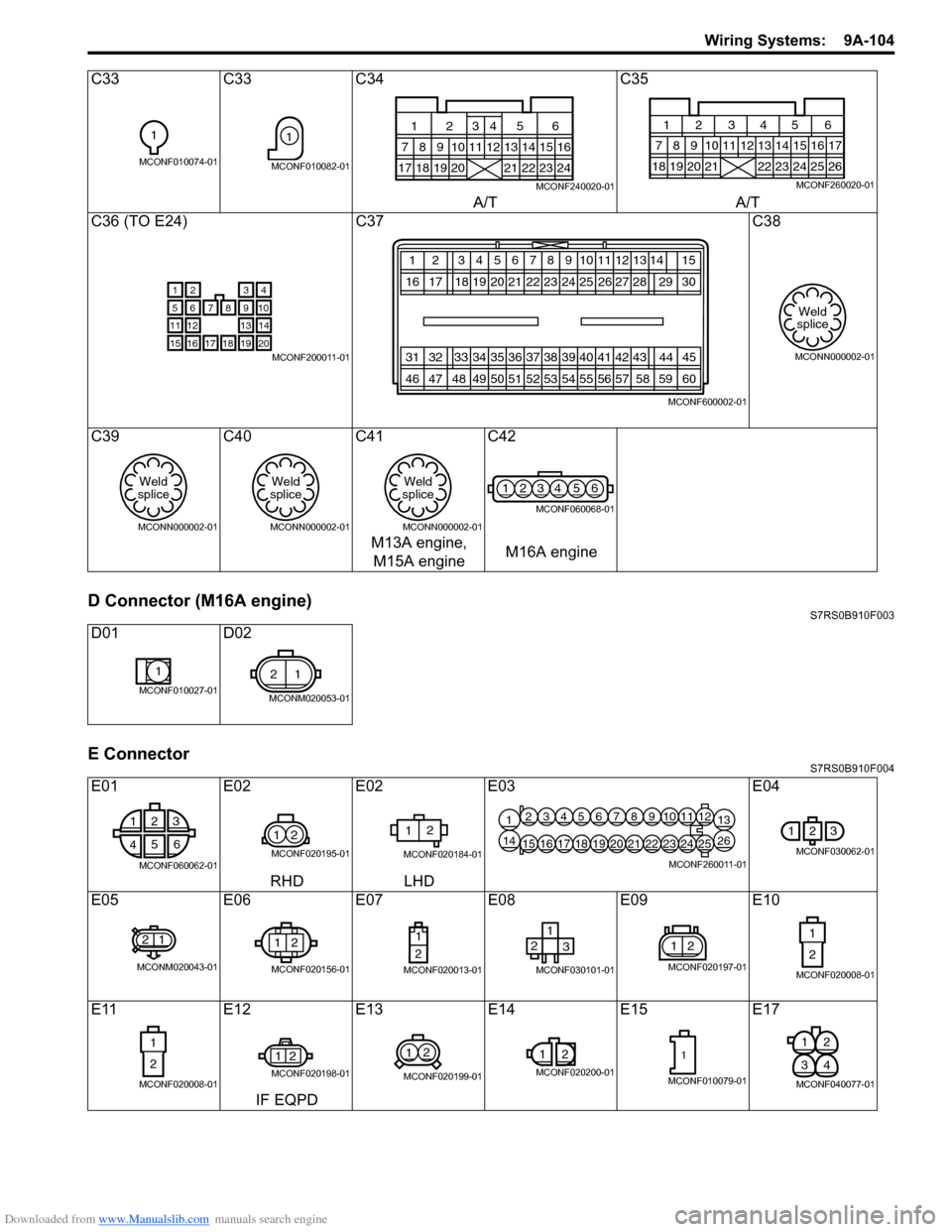 SUZUKI SWIFT 2006 2.G Service Workshop Manual Downloaded from www.Manualslib.com manuals search engine Wiring Systems:  9A-104
D Connector (M16A engine)S7RS0B910F003
E ConnectorS7RS0B910F004
C33C33C34 C35
A/T A/T
C36 (TO E24) C37 C38
C39 C40C41 C