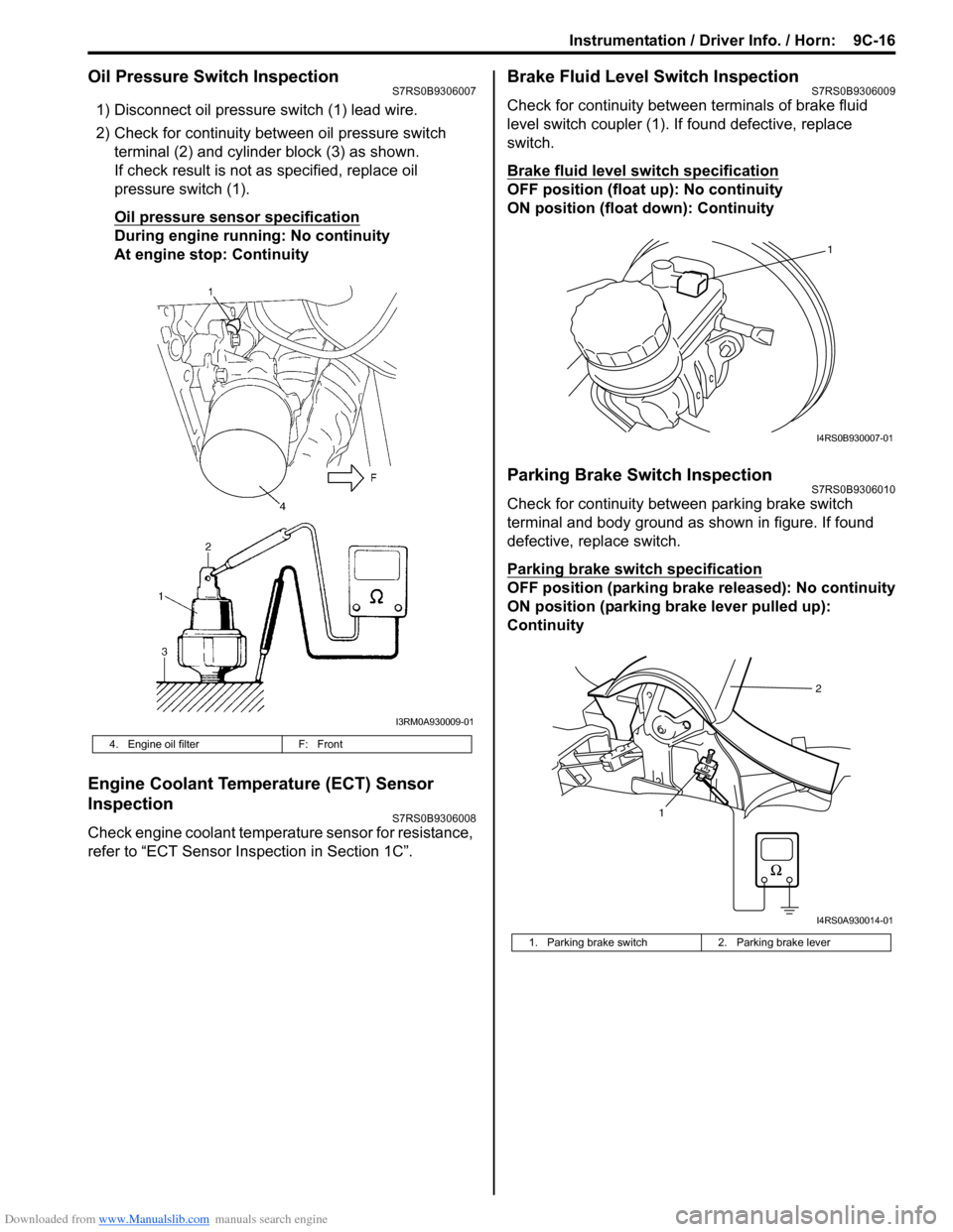 SUZUKI SWIFT 2005 2.G Service Service Manual Downloaded from www.Manualslib.com manuals search engine Instrumentation / Driver Info. / Horn:  9C-16
Oil Pressure Switch InspectionS7RS0B9306007
1) Disconnect oil pressure  switch (1) lead wire.
2) 