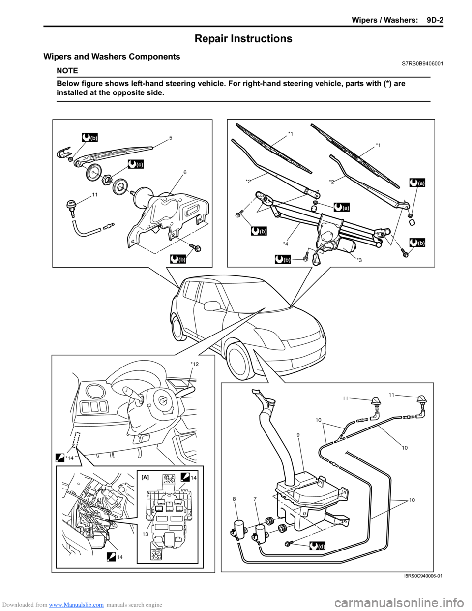 SUZUKI SWIFT 2008 2.G Service Workshop Manual Downloaded from www.Manualslib.com manuals search engine Wipers / Washers:  9D-2
Repair Instructions
Wipers and Washers ComponentsS7RS0B9406001
NOTE
Below figure shows left-hand steering vehicle. For 