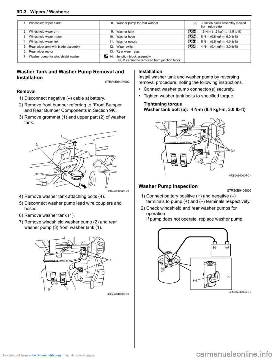 SUZUKI SWIFT 2005 2.G Service Workshop Manual Downloaded from www.Manualslib.com manuals search engine 9D-3 Wipers / Washers: 
Washer Tank and Washer Pump Removal and 
Installation
S7RS0B9406002
Removal1) Disconnect negative (–) cable at batter