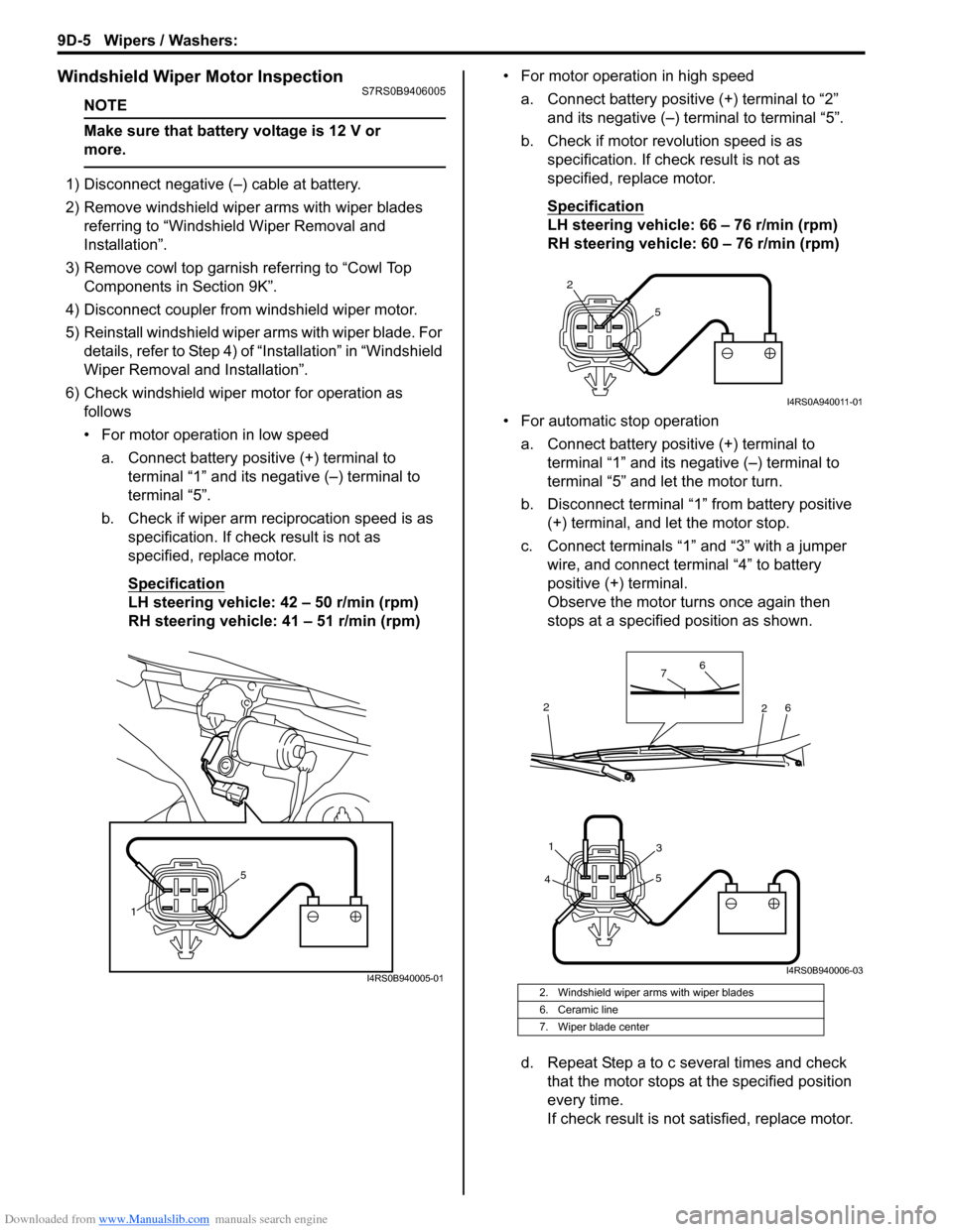 SUZUKI SWIFT 2006 2.G Service Workshop Manual Downloaded from www.Manualslib.com manuals search engine 9D-5 Wipers / Washers: 
Windshield Wiper Motor InspectionS7RS0B9406005
NOTE
Make sure that battery voltage is 12 V or 
more.
 
1) Disconnect ne