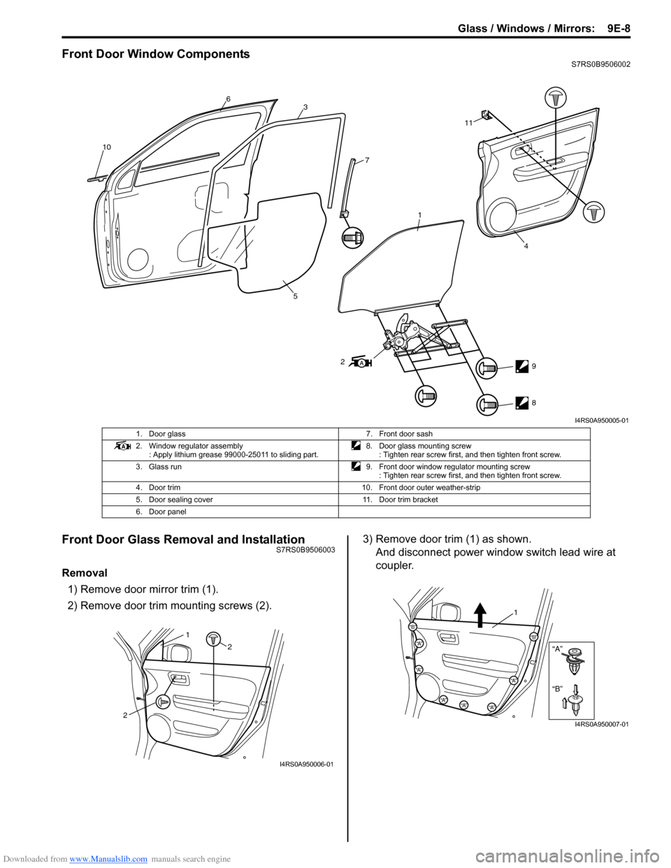 SUZUKI SWIFT 2006 2.G Service Workshop Manual Downloaded from www.Manualslib.com manuals search engine Glass / Windows / Mirrors:  9E-8
Front Door Window ComponentsS7RS0B9506002
Front Door Glass Removal and InstallationS7RS0B9506003
Removal1) Rem