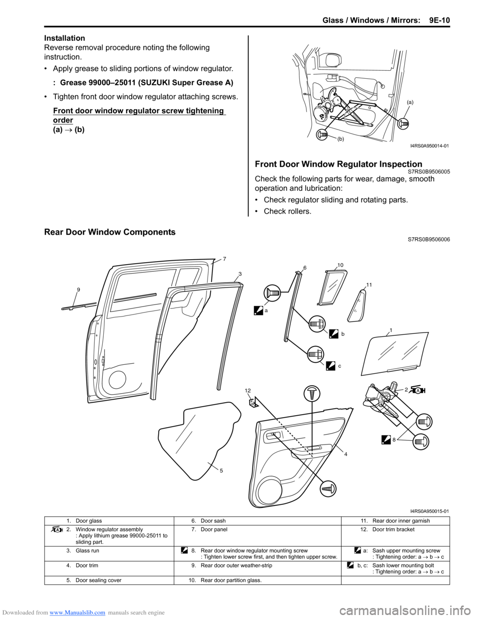 SUZUKI SWIFT 2006 2.G Service Workshop Manual Downloaded from www.Manualslib.com manuals search engine Glass / Windows / Mirrors: 9E-10
Installation
Reverse removal procedure noting the following
instruction.
• Apply grease to sliding portion SUZUKI SWIFT 2006 2.G Service Workshop Manual Downloaded from www.Manualslib.com manuals search engine Glass / Windows / Mirrors: 9E-10
Installation
Reverse removal procedure noting the following
instruction.
• Apply grease to sliding portion