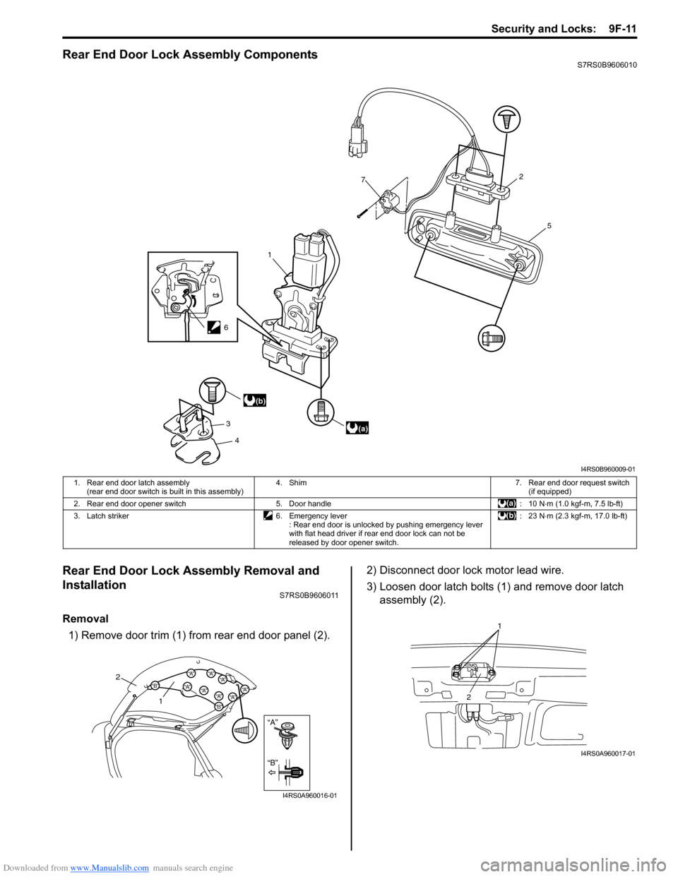 SUZUKI SWIFT 2006 2.G Service Workshop Manual Downloaded from www.Manualslib.com manuals search engine Security and Locks:  9F-11
Rear End Door Lock Assembly ComponentsS7RS0B9606010
Rear End Door Lock Assembly Removal and 
Installation
S7RS0B9606