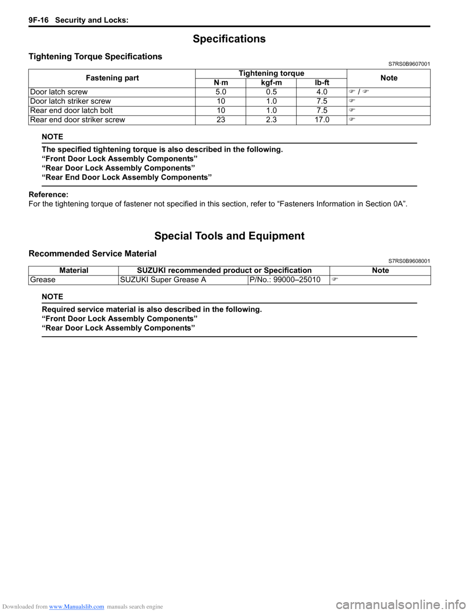 SUZUKI SWIFT 2008 2.G Service Service Manual Downloaded from www.Manualslib.com manuals search engine 9F-16 Security and Locks: 
Specifications
Tightening Torque SpecificationsS7RS0B9607001
NOTE
The specified tightening torque is also described 