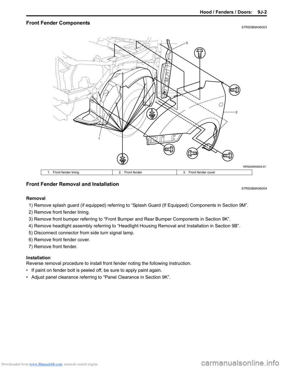 SUZUKI SWIFT 2006 2.G Service User Guide Downloaded from www.Manualslib.com manuals search engine Hood / Fenders / Doors:  9J-2
Front Fender ComponentsS7RS0B9A06003
Front Fender Removal and InstallationS7RS0B9A06004
Removal1) Remove splash g