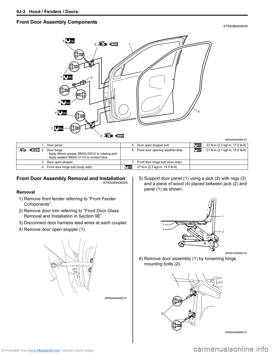 SUZUKI SWIFT 2005 2.G Service Workshop Manual Downloaded from www.Manualslib.com manuals search engine 9J-3 Hood / Fenders / Doors: 
Front Door Assembly ComponentsS7RS0B9A06005
Front Door Assembly Removal and InstallationS7RS0B9A06006
Removal1) R
