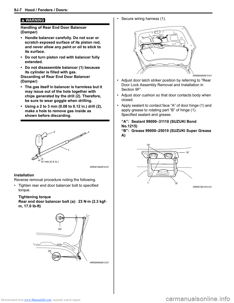 SUZUKI SWIFT 2006 2.G Service Manual PDF Downloaded from www.Manualslib.com manuals search engine 9J-7 Hood / Fenders / Doors: 
WARNING! 
Handling of Rear End Door Balancer 
(Damper)
• Handle balancer carefully. Do not scar or scratch expo