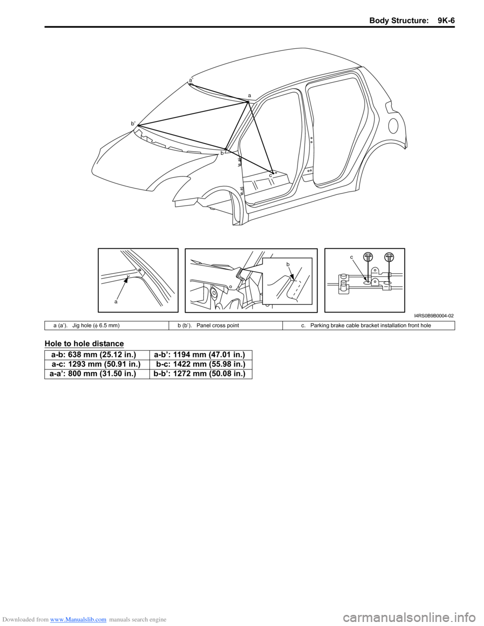 SUZUKI SWIFT 2008 2.G Service Manual Online Downloaded from www.Manualslib.com manuals search engine Body Structure: 9K-6
Hole to hole distance
a
cb
a’
a
bc
b’
I4RS0B9B0004-02
a (a’). Jig hole (φ 6.5 mm) b (b’). Panel cross point c. P SUZUKI SWIFT 2008 2.G Service Manual Online Downloaded from www.Manualslib.com manuals search engine Body Structure: 9K-6
Hole to hole distance
a
cb
a’
a
bc
b’
I4RS0B9B0004-02
a (a’). Jig hole (φ 6.5 mm) b (b’). Panel cross point c. P