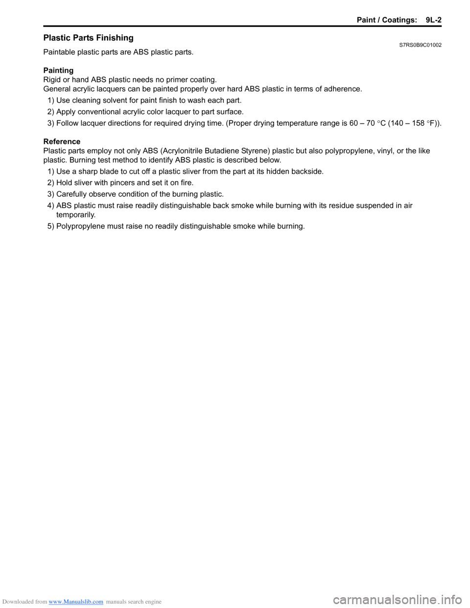 SUZUKI SWIFT 2006 2.G Service Workshop Manual Downloaded from www.Manualslib.com manuals search engine Paint / Coatings:  9L-2
Plastic Parts FinishingS7RS0B9C01002
Paintable plastic parts are ABS plastic parts.
Painting
Rigid or hand ABS plastic 