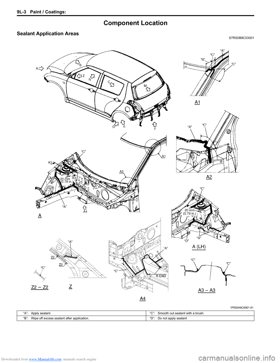 SUZUKI SWIFT 2005 2.G Service Workshop Manual Downloaded from www.Manualslib.com manuals search engine 9L-3 Paint / Coatings:
Component Location
Sealant Application AreasS7RS0B9C03001
I7RS0A9C0001-01
“A”: Apply sealant.“C”: Smooth out se SUZUKI SWIFT 2005 2.G Service Workshop Manual Downloaded from www.Manualslib.com manuals search engine 9L-3 Paint / Coatings:
Component Location
Sealant Application AreasS7RS0B9C03001
I7RS0A9C0001-01
“A”: Apply sealant.“C”: Smooth out se
