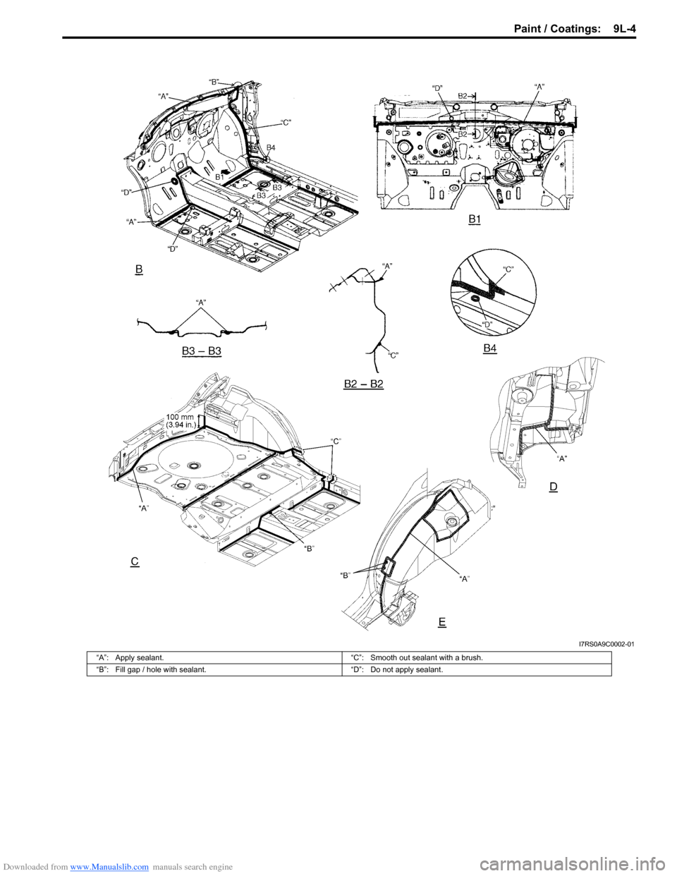 SUZUKI SWIFT 2005 2.G Service Workshop Manual Downloaded from www.Manualslib.com manuals search engine Paint / Coatings:  9L-4
I7RS0A9C0002-01
“A”: Apply sealant.“C”: Smooth out sealant with a brush.
“B”: Fill gap / hole with sealant.