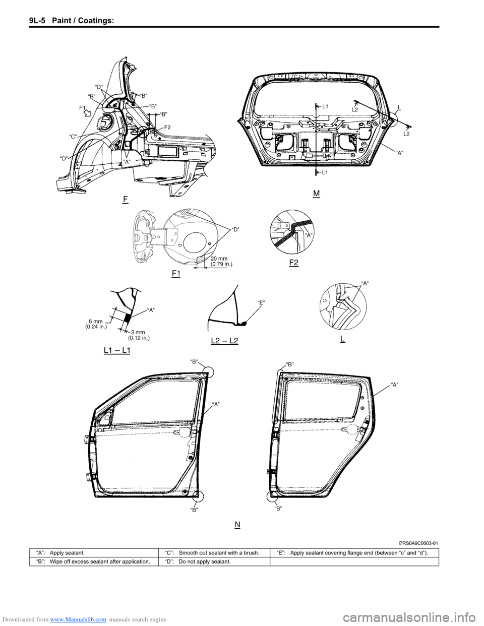 SUZUKI SWIFT 2005 2.G Service Workshop Manual Downloaded from www.Manualslib.com manuals search engine 9L-5 Paint / Coatings: 
I7RS0A9C0003-01
“A”: Apply sealant.“C”: Smooth out sealant with a brush. “E”: Apply sealant covering flange