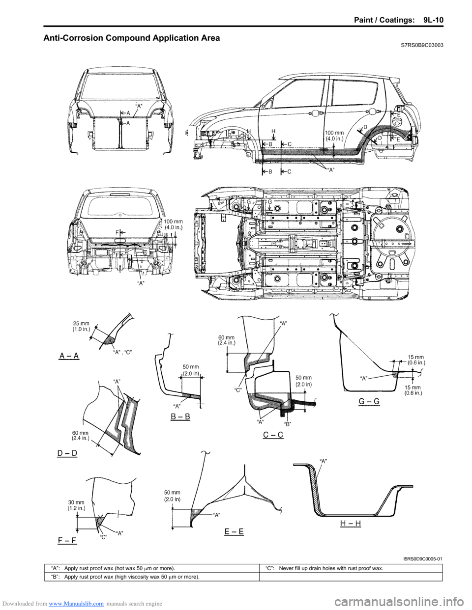 SUZUKI SWIFT 2006 2.G Service User Guide Downloaded from www.Manualslib.com manuals search engine Paint / Coatings:  9L-10
Anti-Corrosion Compound Application AreaS7RS0B9C03003
I5RS0D9C0005-01
“A”: Apply rust proof wax (hot wax 50 µm or