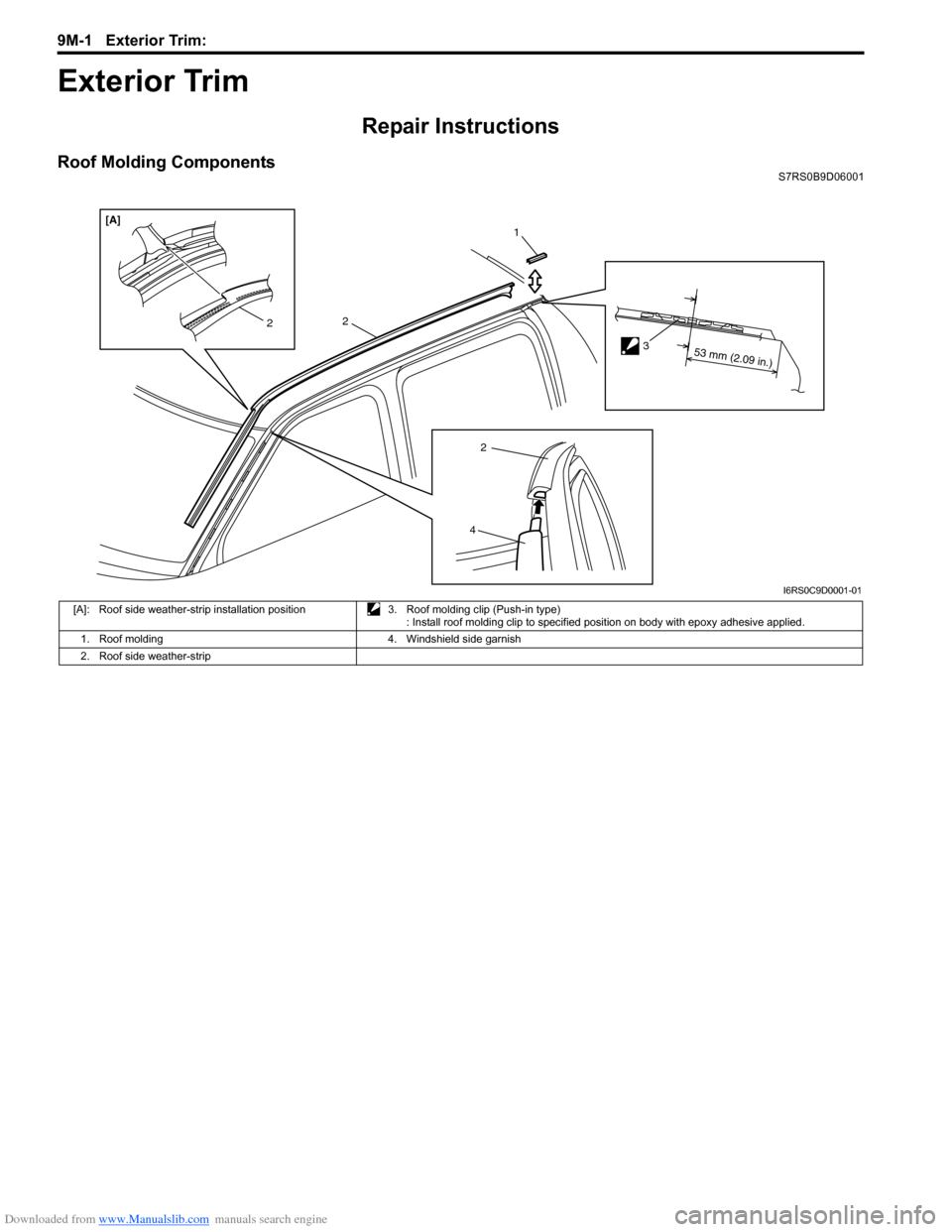 SUZUKI SWIFT 2006 2.G Service User Guide Downloaded from www.Manualslib.com manuals search engine 9M-1 Exterior Trim: 
Body, Cab and Accessories
Exterior Trim
Repair Instructions
Roof Molding ComponentsS7RS0B9D06001
42
2
1
3
[A]
2
53 mm (2.0