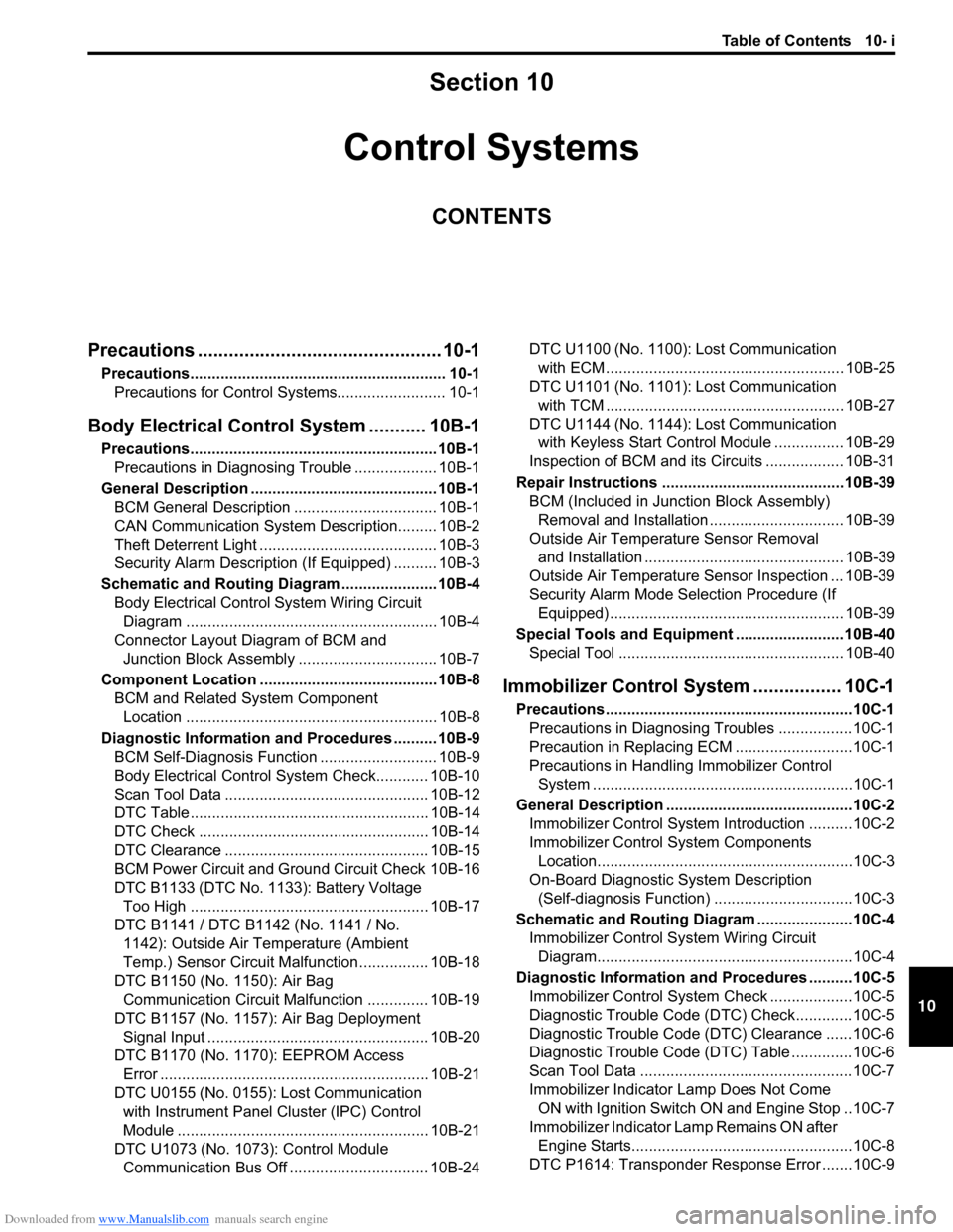 SUZUKI SWIFT 2005 2.G Service Workshop Manual Downloaded from www.Manualslib.com manuals search engine Table of Contents 10- i
10
Section 10
CONTENTS
Control Systems
Precautions ............................................... 10-1
Precautions....