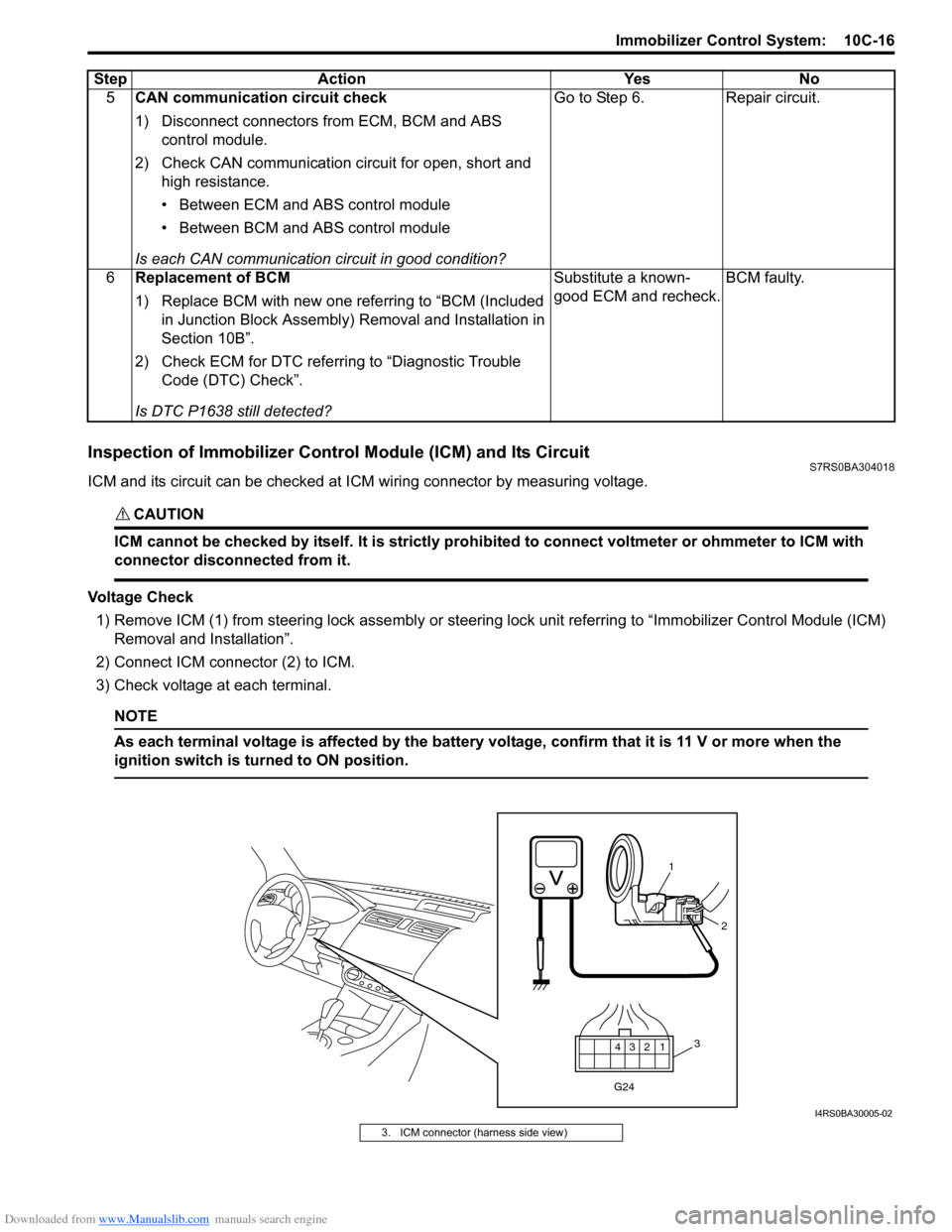 SUZUKI SWIFT 2007 2.G Service Service Manual Downloaded from www.Manualslib.com manuals search engine Immobilizer Control System:  10C-16
Inspection of Immobilizer Control Module (ICM) and Its CircuitS7RS0BA304018
ICM and its circuit can be chec