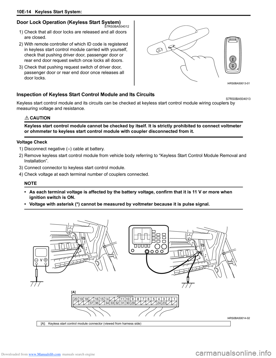 SUZUKI SWIFT 2006 2.G Service Workshop Manual Downloaded from www.Manualslib.com manuals search engine 10E-14 Keyless Start System: 
Door Lock Operation (Keyless Start System)S7RS0BA504012
1) Check that all door locks are released and all doors a