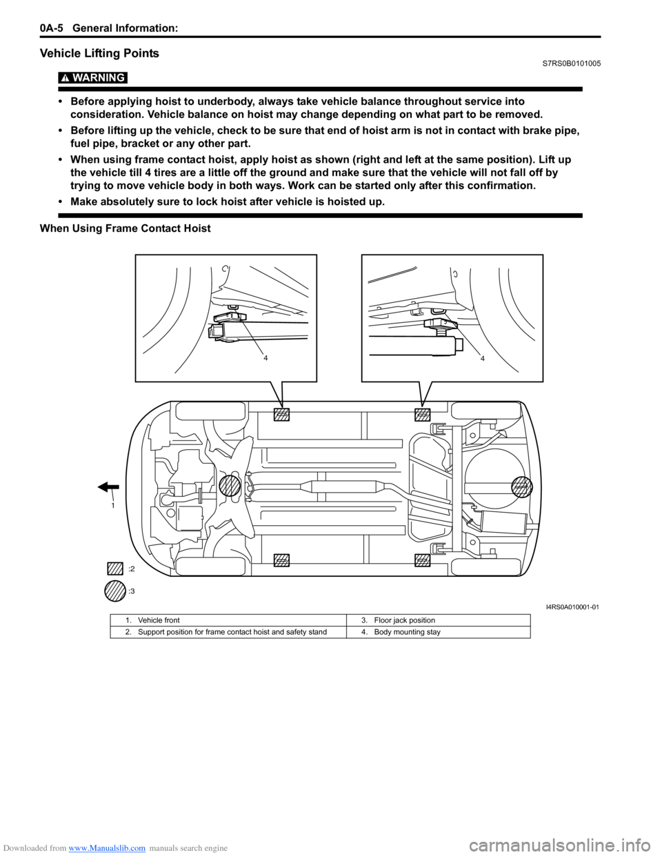 SUZUKI SWIFT 2008 2.G Service Workshop Manual Downloaded from www.Manualslib.com manuals search engine 0A-5 General Information:
Vehicle Lifting PointsS7RS0B0101005
WARNING!
• Before applying hoist to underbody, always take vehicle balance th SUZUKI SWIFT 2008 2.G Service Workshop Manual Downloaded from www.Manualslib.com manuals search engine 0A-5 General Information:
Vehicle Lifting PointsS7RS0B0101005
WARNING!
• Before applying hoist to underbody, always take vehicle balance th