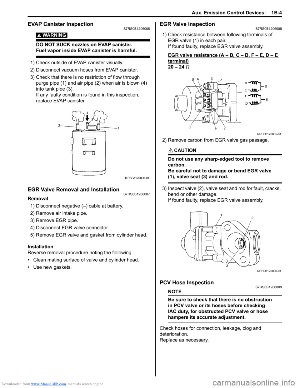 SUZUKI SWIFT 2006 2.G Service Workshop Manual Downloaded from www.Manualslib.com manuals search engine Aux. Emission Control Devices:  1B-4
EVAP Canister InspectionS7RS0B1206006
WARNING! 
DO NOT SUCK nozzles on EVAP canister. 
Fuel vapor inside E