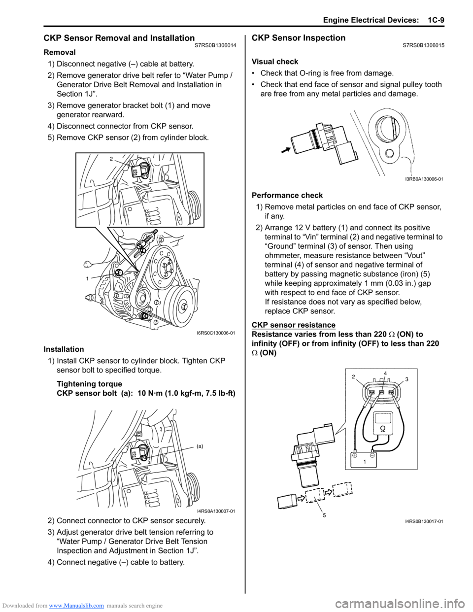 SUZUKI SWIFT 2006 2.G Service Workshop Manual Downloaded from www.Manualslib.com manuals search engine Engine Electrical Devices:  1C-9
CKP Sensor Removal and InstallationS7RS0B1306014
Removal1) Disconnect negative (–) cable at battery.
2) Remo