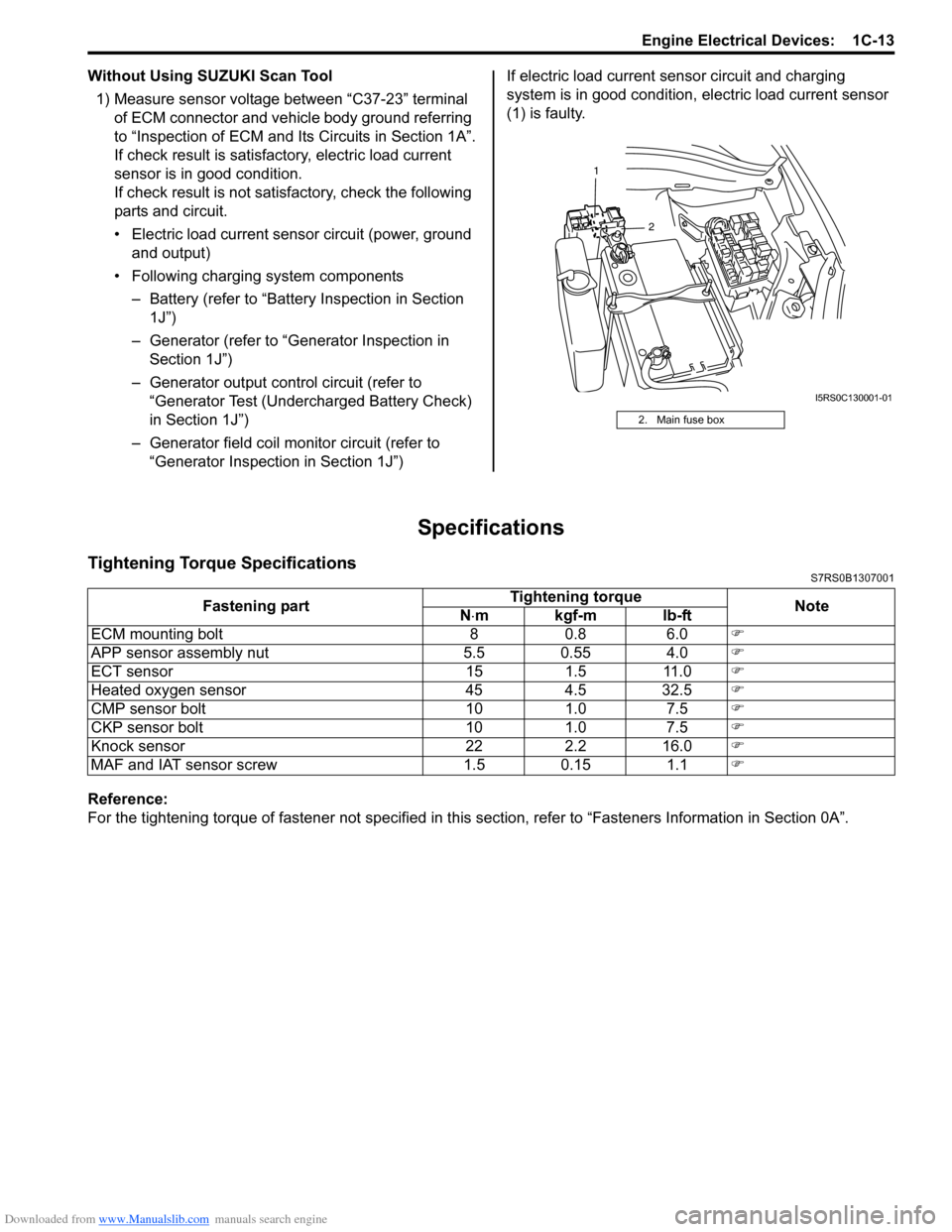 SUZUKI SWIFT 2007 2.G Service Owners Guide Downloaded from www.Manualslib.com manuals search engine Engine Electrical Devices:  1C-13
Without Using SUZUKI Scan Tool1) Measure sensor voltage between “C37-23” terminal  of ECM connector and v