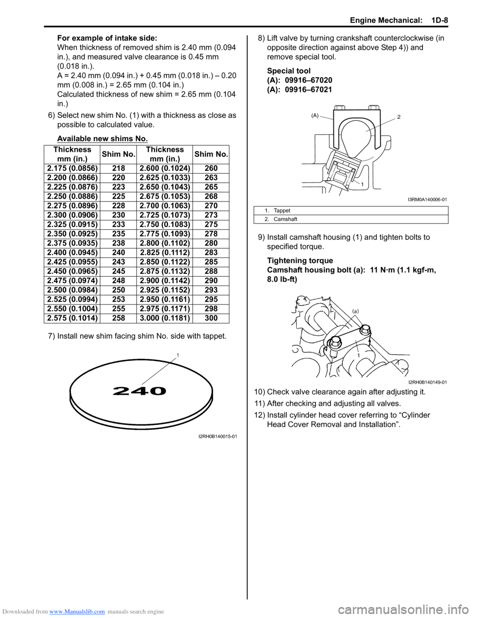 SUZUKI SWIFT 2007 2.G Service User Guide Downloaded from www.Manualslib.com manuals search engine Engine Mechanical:  1D-8
For example of intake side:
When thickness of removed shim is 2.40 mm (0.094 
in.), and measured valve clearance is 0.