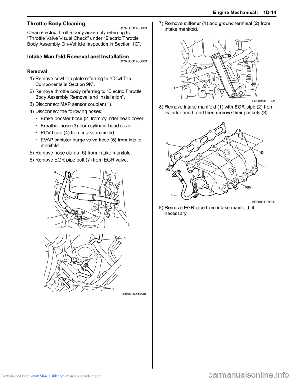 SUZUKI SWIFT 2006 2.G Service Workshop Manual Downloaded from www.Manualslib.com manuals search engine Engine Mechanical:  1D-14
Throttle Body CleaningS7RS0B1406008
Clean electric throttle body assembly referring to 
“Throttle Valve Visual Chec