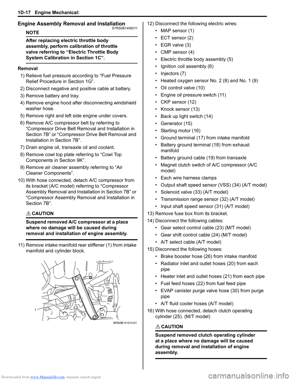 SUZUKI SWIFT 2007 2.G Service Workshop Manual Downloaded from www.Manualslib.com manuals search engine 1D-17 Engine Mechanical: 
Engine Assembly Removal and InstallationS7RS0B1406011
NOTE
After replacing electric throttle body 
assembly, perform 