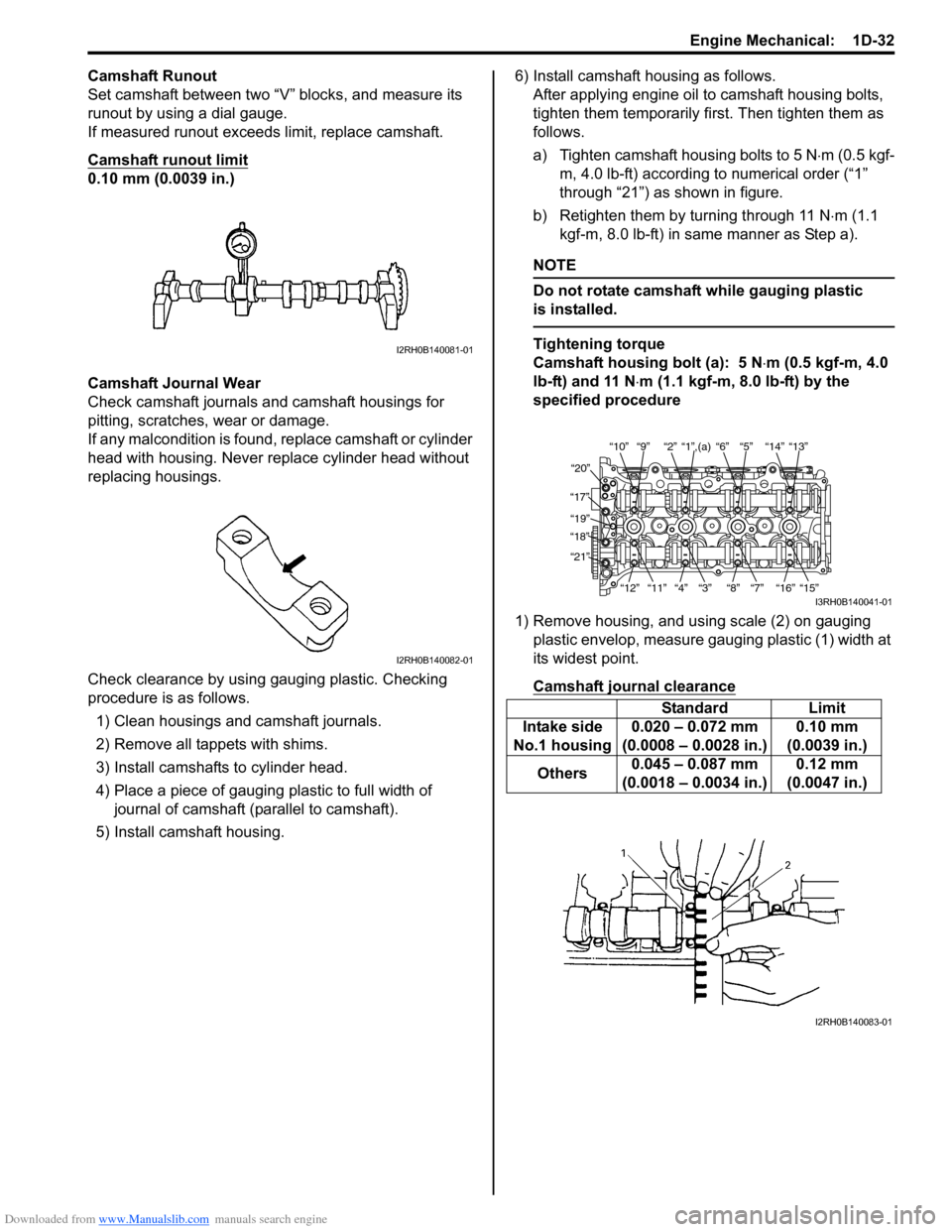 SUZUKI SWIFT 2006 2.G Service Workshop Manual Downloaded from www.Manualslib.com manuals search engine Engine Mechanical:  1D-32
Camshaft Runout
Set camshaft between two “V” blocks, and measure its 
runout by using a dial gauge.
If measured r