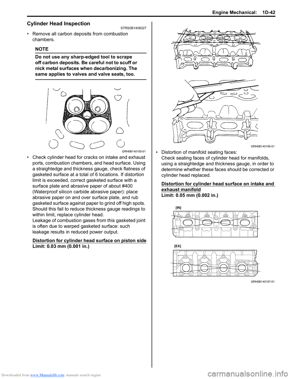 SUZUKI SWIFT 2008 2.G Service User Guide Downloaded from www.Manualslib.com manuals search engine Engine Mechanical:  1D-42
Cylinder Head InspectionS7RS0B1406027
• Remove all carbon deposits from combustion chambers.
NOTE
Do not use any sh