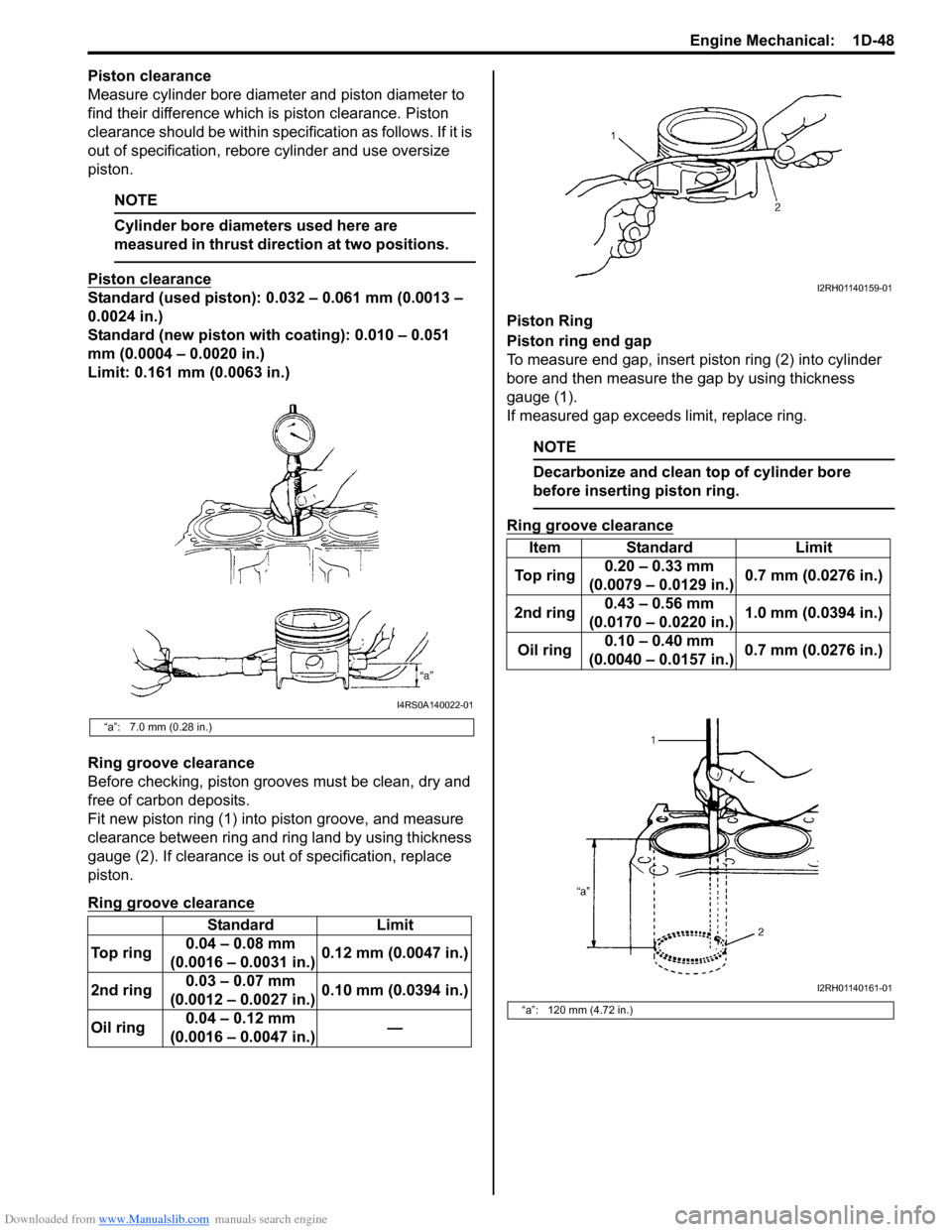 SUZUKI SWIFT 2006 2.G Service Workshop Manual Downloaded from www.Manualslib.com manuals search engine Engine Mechanical:  1D-48
Piston clearance
Measure cylinder bore diameter and piston diameter to 
find their difference which is piston clearan
