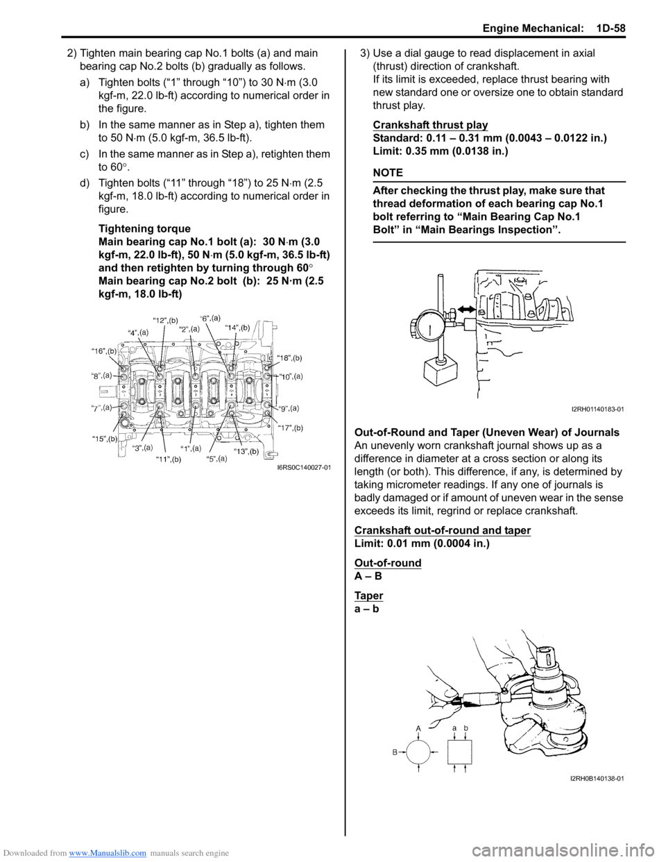SUZUKI SWIFT 2006 2.G Service Owners Guide Downloaded from www.Manualslib.com manuals search engine Engine Mechanical:  1D-58
2) Tighten main bearing cap No.1 bolts (a) and main bearing cap No.2 bolts (b ) gradually as follows.
a) Tighten bolt