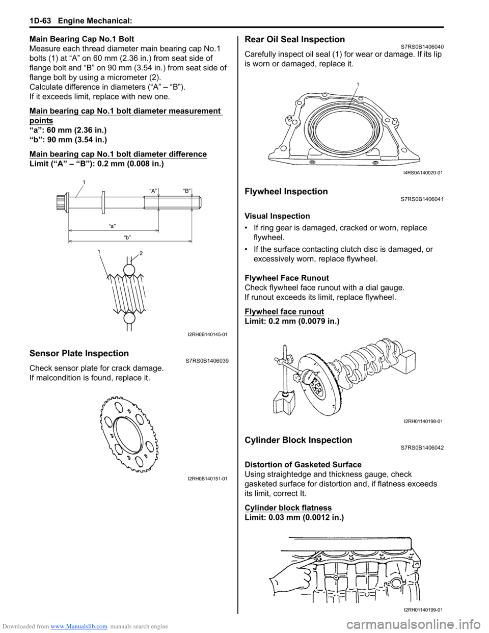 SUZUKI SWIFT 2008 2.G Service Repair Manual Downloaded from www.Manualslib.com manuals search engine 1D-63 Engine Mechanical: 
Main Bearing Cap No.1 Bolt
Measure each thread diameter main bearing cap No.1 
bolts (1) at “A” on 60 mm (2.36 in