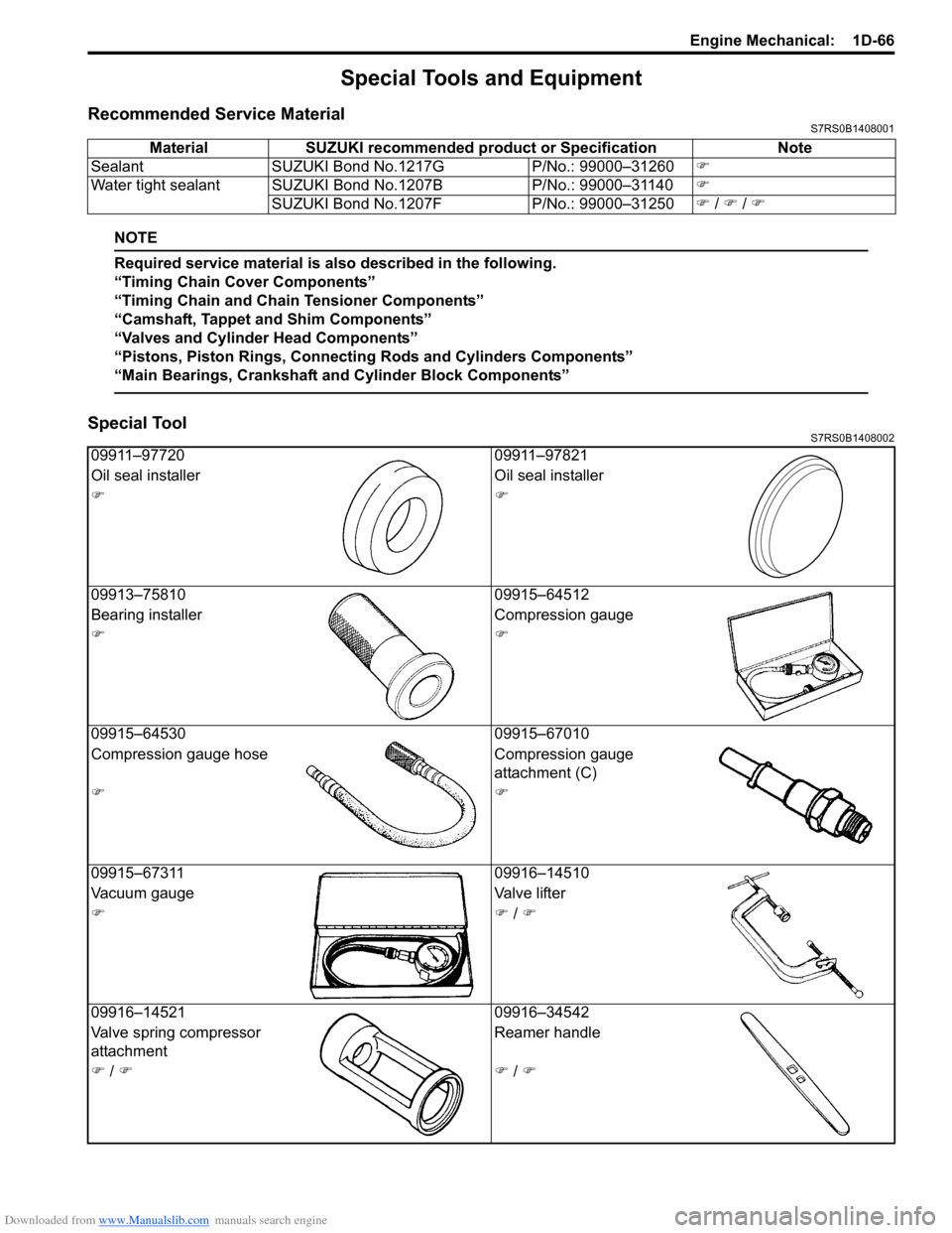 SUZUKI SWIFT 2006 2.G Service Workshop Manual Downloaded from www.Manualslib.com manuals search engine Engine Mechanical:  1D-66
Special Tools and Equipment
Recommended Service MaterialS7RS0B1408001
NOTE
Required service material is also describe