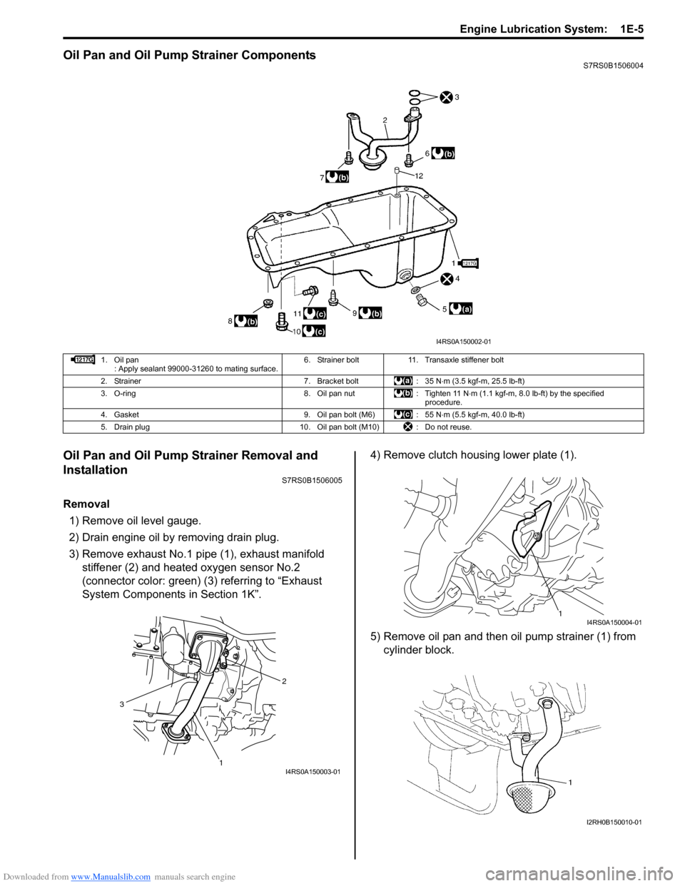 SUZUKI SWIFT 2005 2.G Service Workshop Manual Downloaded from www.Manualslib.com manuals search engine Engine Lubrication System:  1E-5
Oil Pan and Oil Pump Strainer ComponentsS7RS0B1506004
Oil Pan and Oil Pump Strainer Removal and 
Installation
