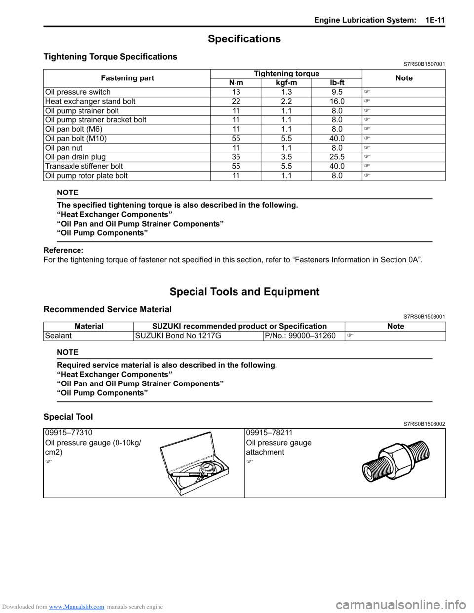 SUZUKI SWIFT 2006 2.G Service Owners Manual Downloaded from www.Manualslib.com manuals search engine Engine Lubrication System:  1E-11
Specifications
Tightening Torque SpecificationsS7RS0B1507001
NOTE
The specified tightening torque is also des